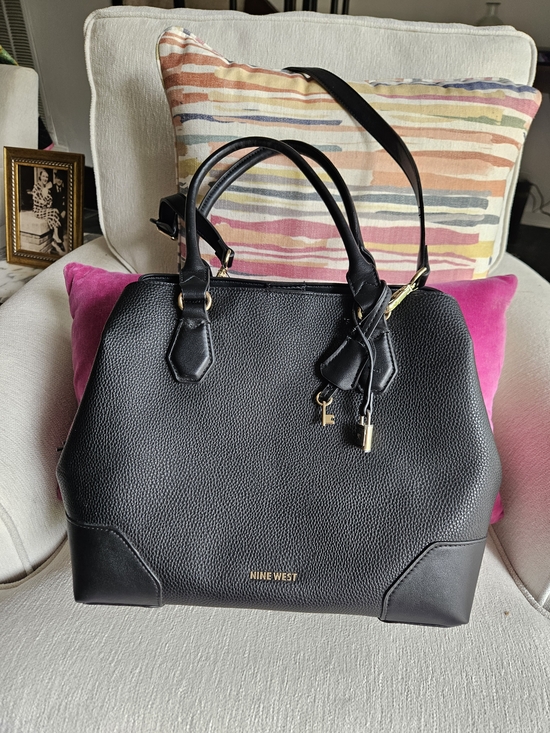 Nine West Handbags - Nine West Black Pebbled Leather Satchel with Gold Accents